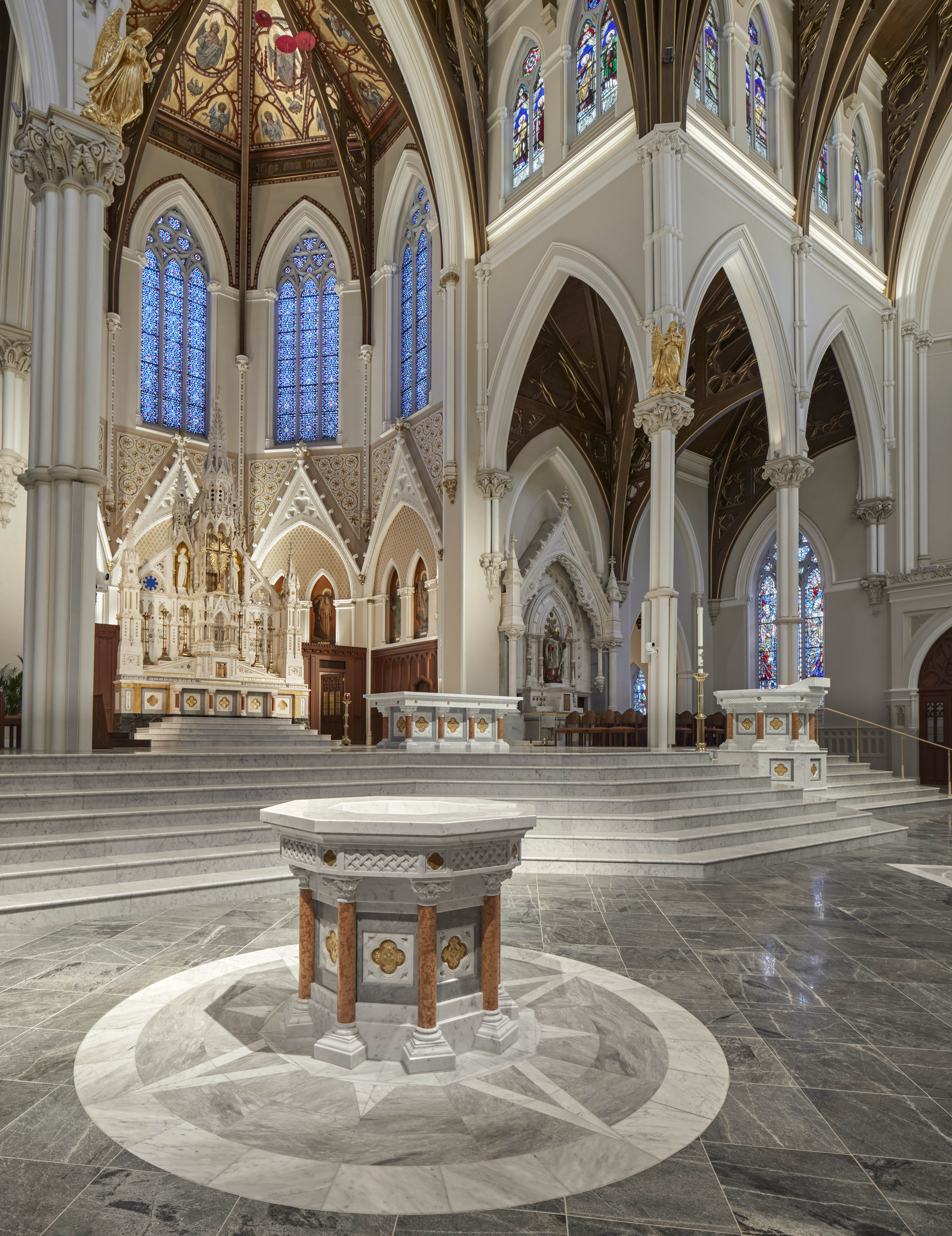 Cathedral of the Holy Cross interior sanctuary and baptismal font