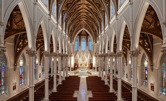 Cathedral of the Holy Cross interior nave looking toward sanctuary