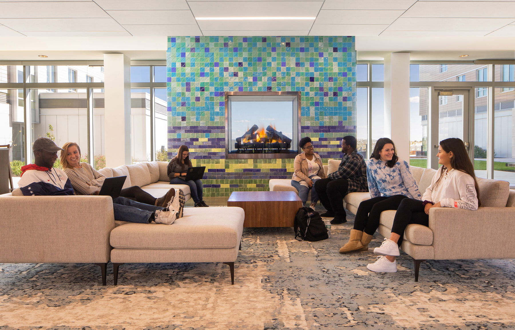 Common room by fireplace