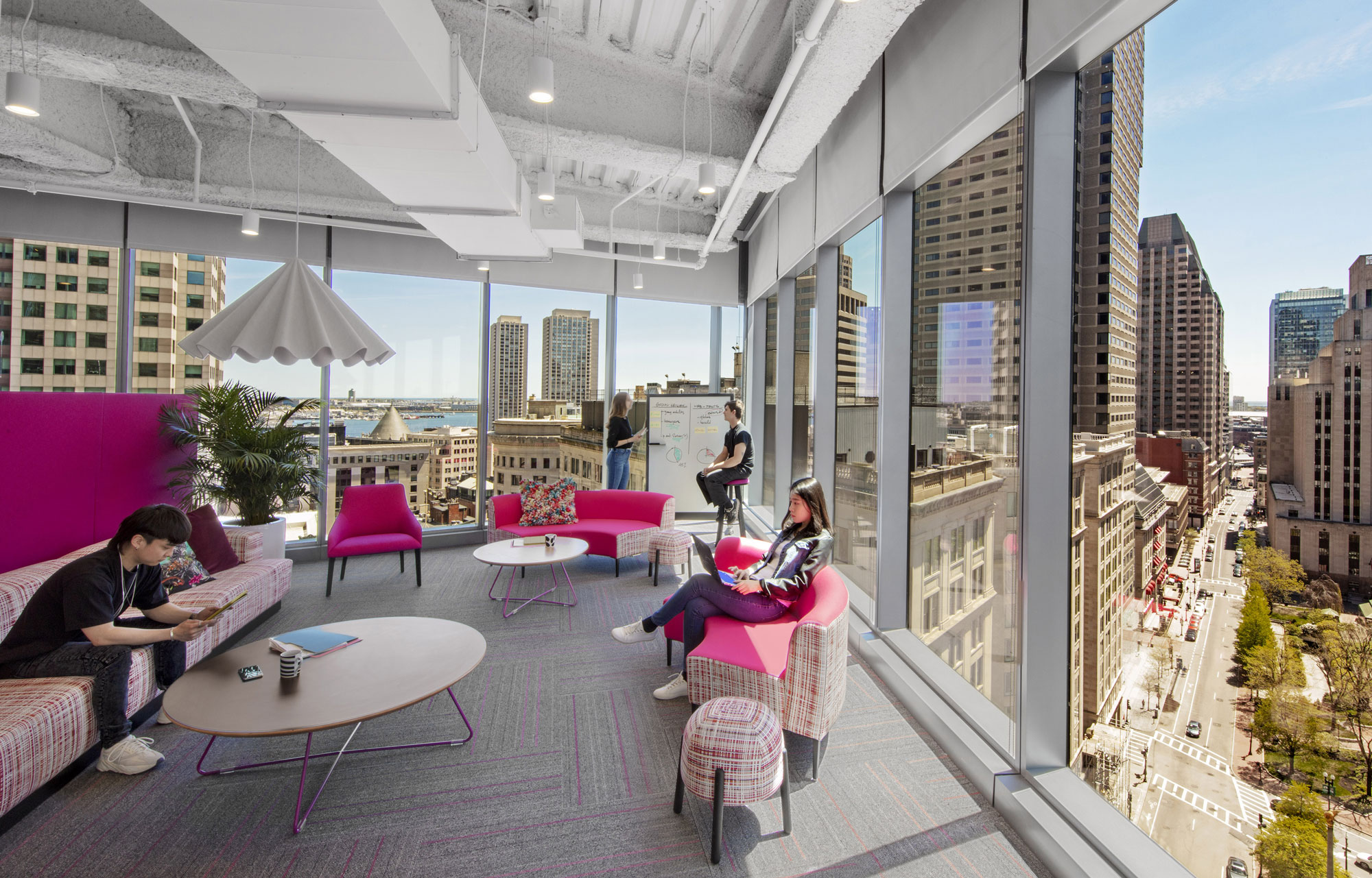 Touch-down work setting for casual meetings or brainstorming with views of Post Office Square