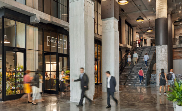 The public interior exquisite in raw texture, craft, and structure includes an energizing environment for innovation industry tenants in the six office levels stories above the grand new atrium.