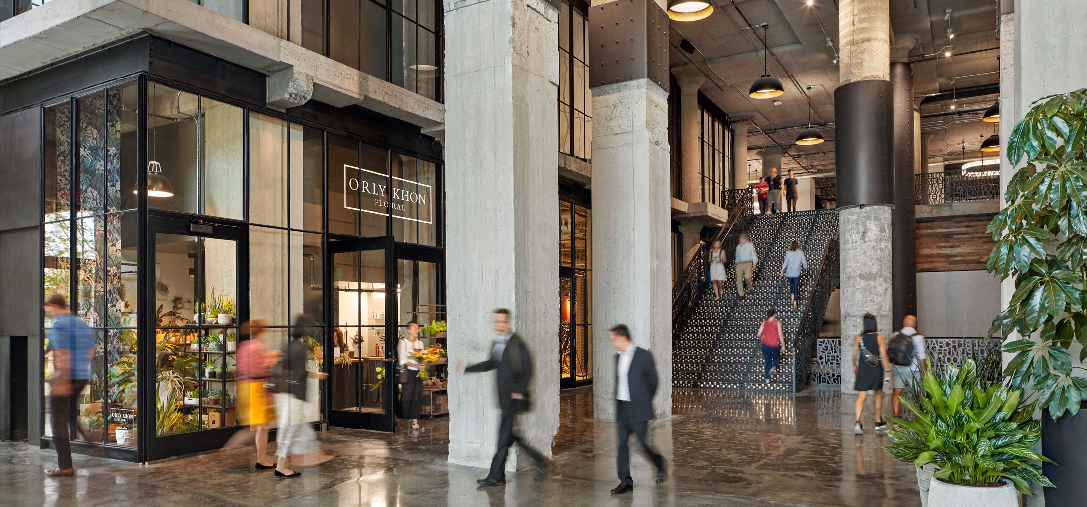 The public interior exquisite in raw texture, craft, and structure includes an energizing environment for innovation industry tenants in the six office levels stories above the grand new atrium.